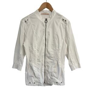 XCVI Wearables White Full Zip Jacket Women's Size Medium Smocked 3/4 Sleeve